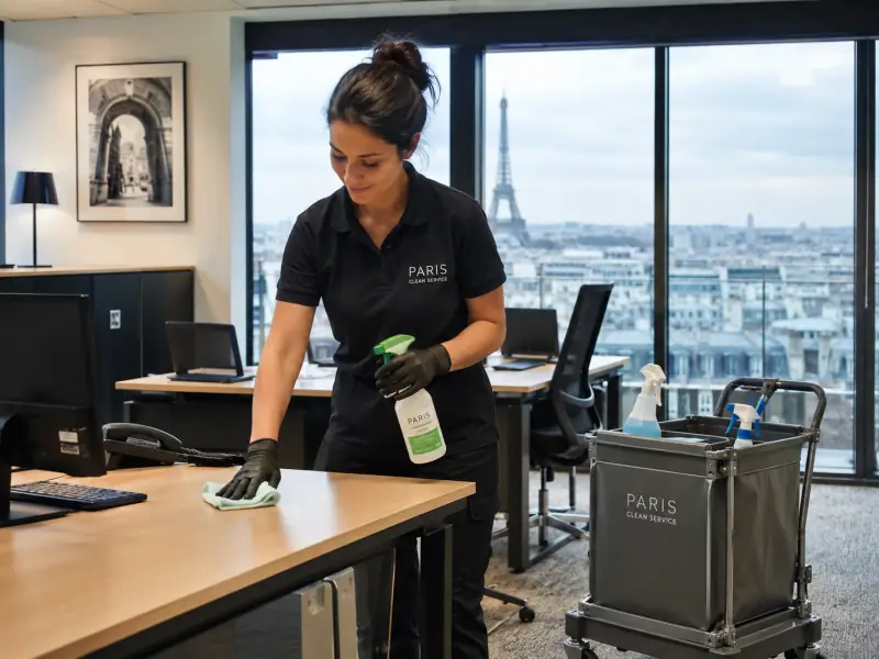 Agent d'entretien réalisant le nettoyage de bureaux à Paris